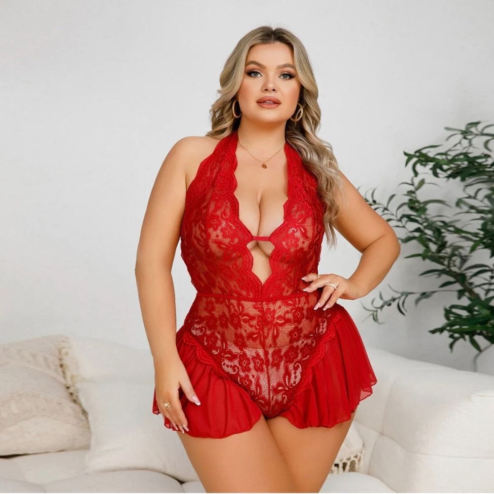 Womens Plus Size Lingerie Lace Babydoll Halter One Piece Teddy Sexy Nightgown US